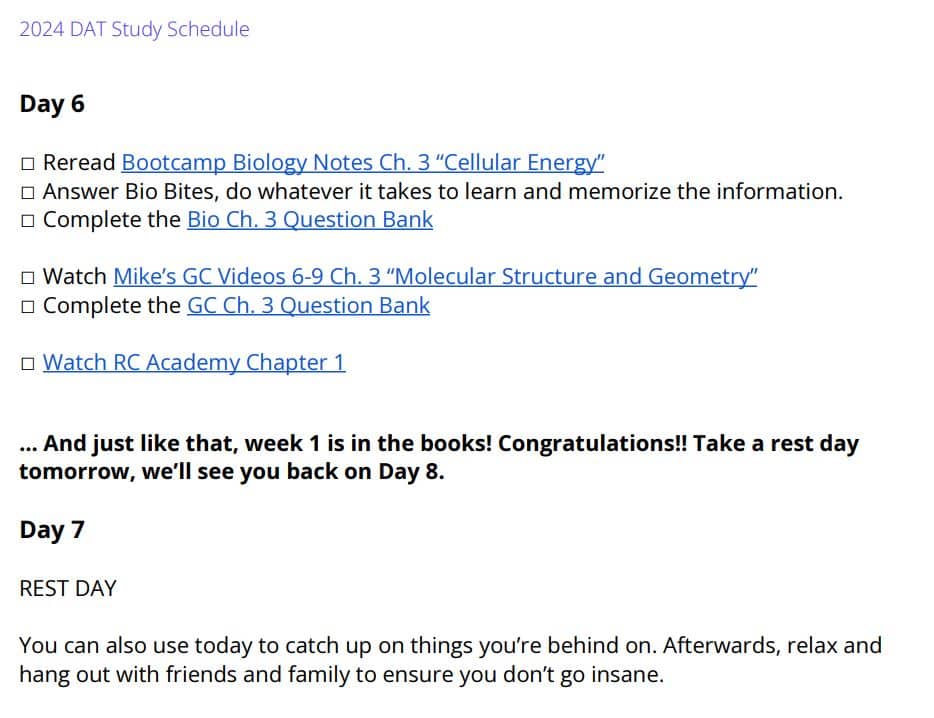 DAT Bootcamp Study Schedule