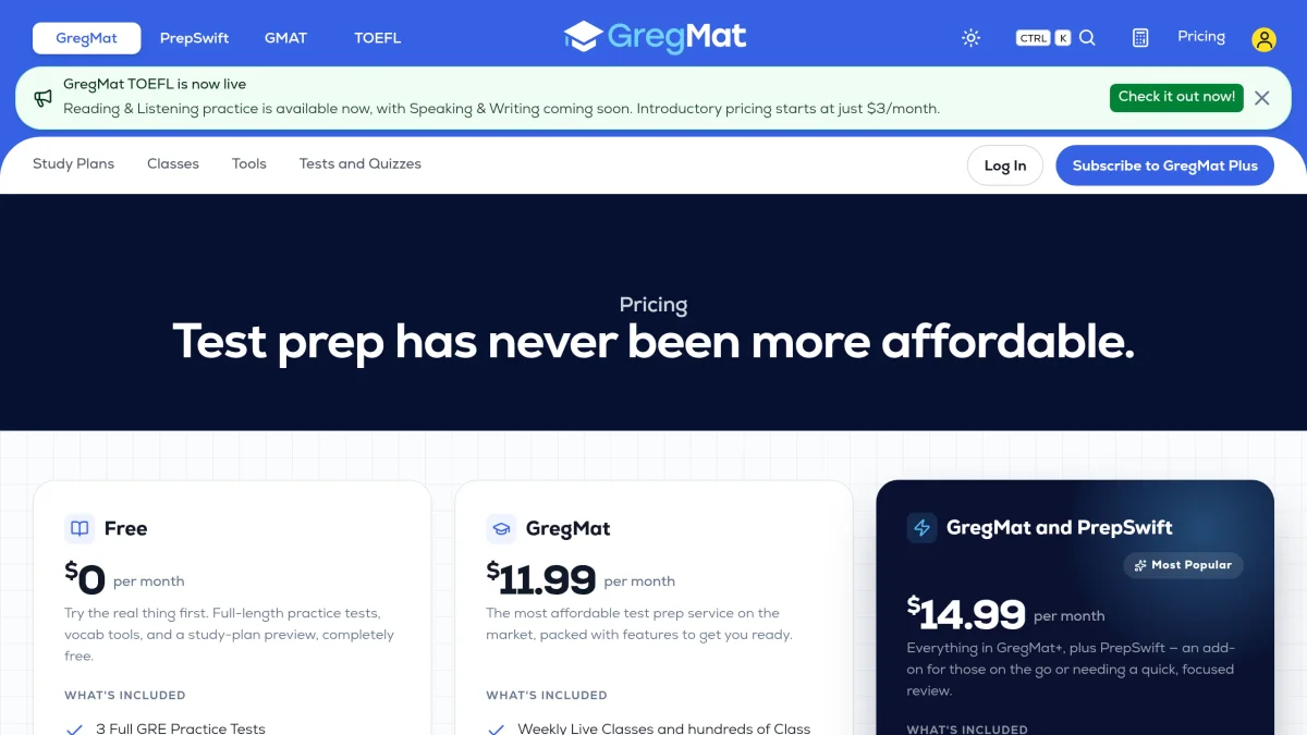 GregMat official pricing page showing the free tier, GregMat+ at $11.99, and the PrepSwift bundle at $14.99