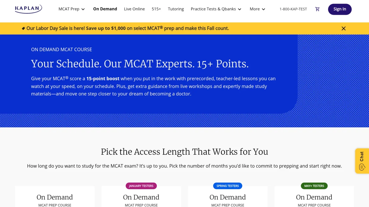 Kaplan MCAT On Demand course page showing the Labor Day sale banner and the four access-length options