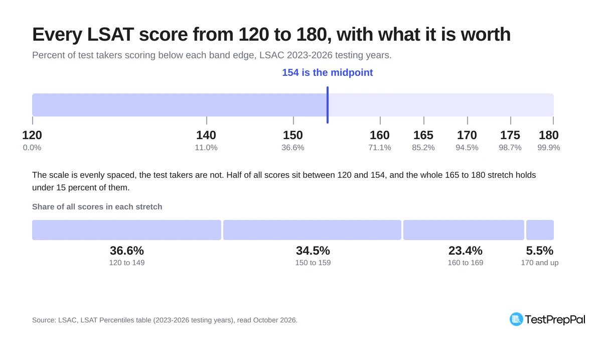 LSAT score scale from 120 to 180 with percent of test takers below each band edge: 11.0 percent at 140, 36.6 at 150, 71.1 at 160, 85.2 at 165, 94.5 at 170 and 99.9 at 180, with 154 marked as the midpoint