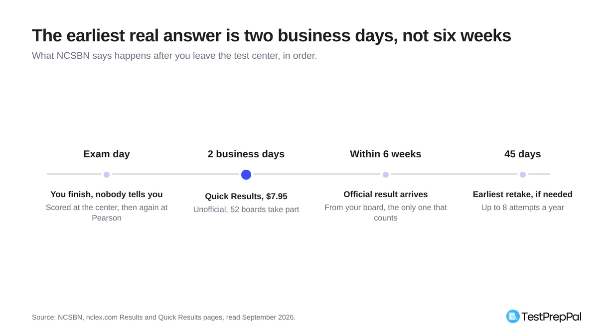 Timeline of NCLEX results from exam day to official notification: scored twice on exam day, Quick Results at two business days for $7.95, official board result within six weeks, earliest retake at 45 days