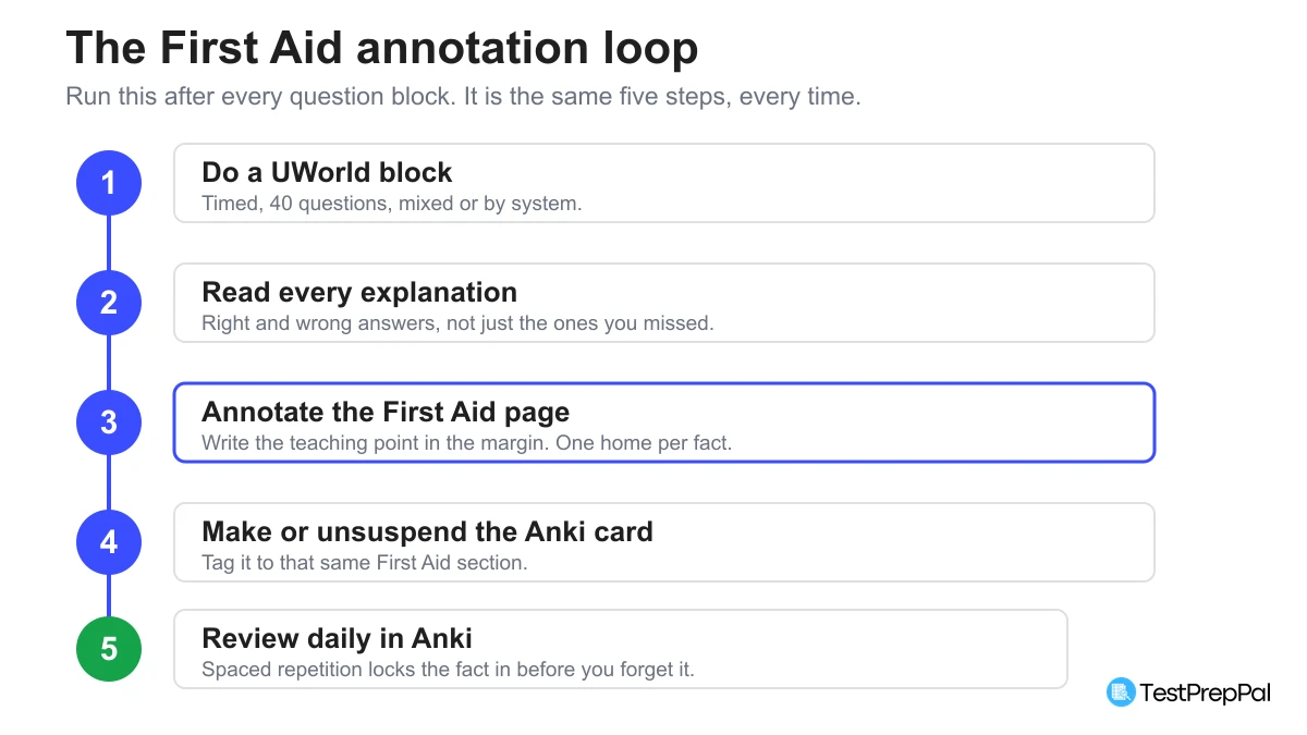 Vertical flowchart of the First Aid annotation loop with five steps: do a UWorld block, read every explanation, annotate the First Aid page, make or unsuspend the Anki card, and review daily in Anki