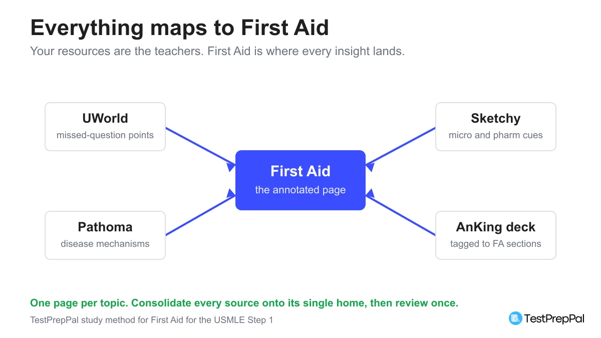 Hub and spoke diagram showing UWorld missed-question points, Pathoma disease mechanisms, Sketchy micro and pharm cues, and the AnKing deck all feeding annotations into a central First Aid page, with the note one page per topic consolidate every source onto its single home then review once