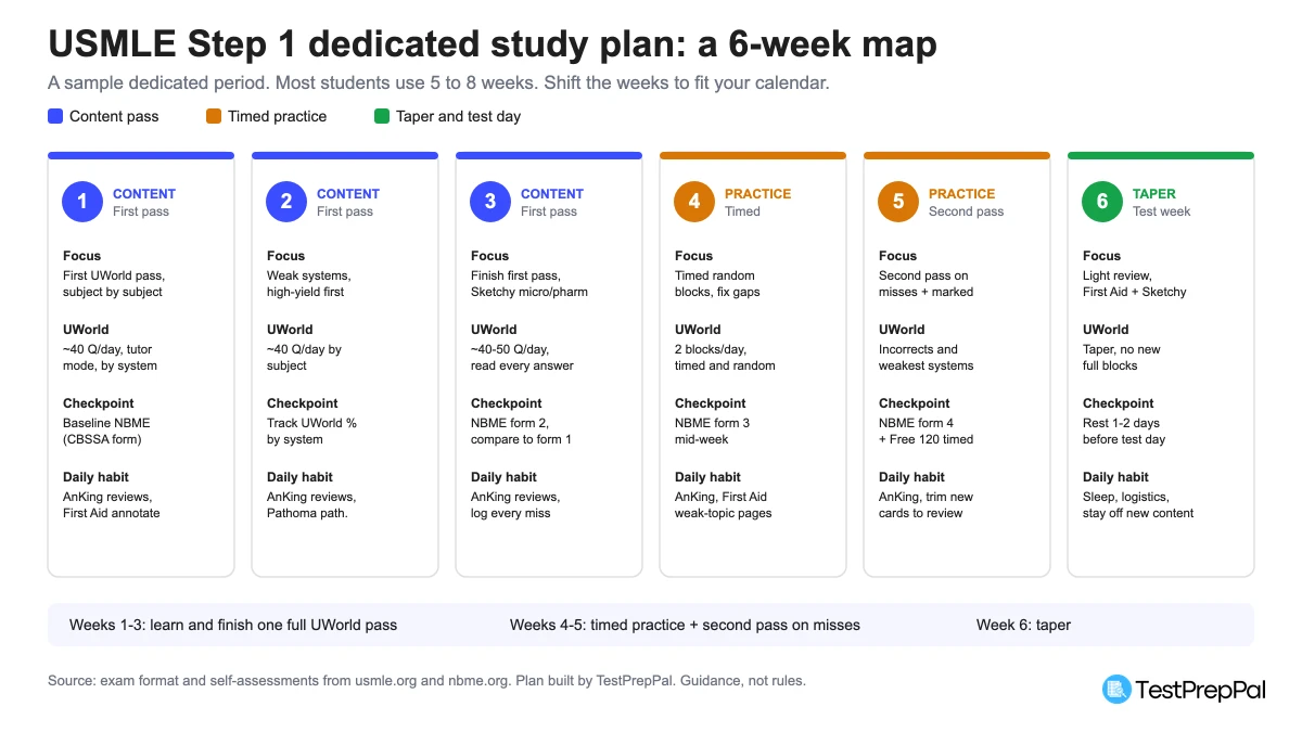 Six-week USMLE Step 1 dedicated study plan showing the focus, UWorld pace, and NBME checkpoint for each week, from a first UWorld pass in weeks 1 to 3, to timed practice and a second pass in weeks 4 to 5, to a taper in week 6
