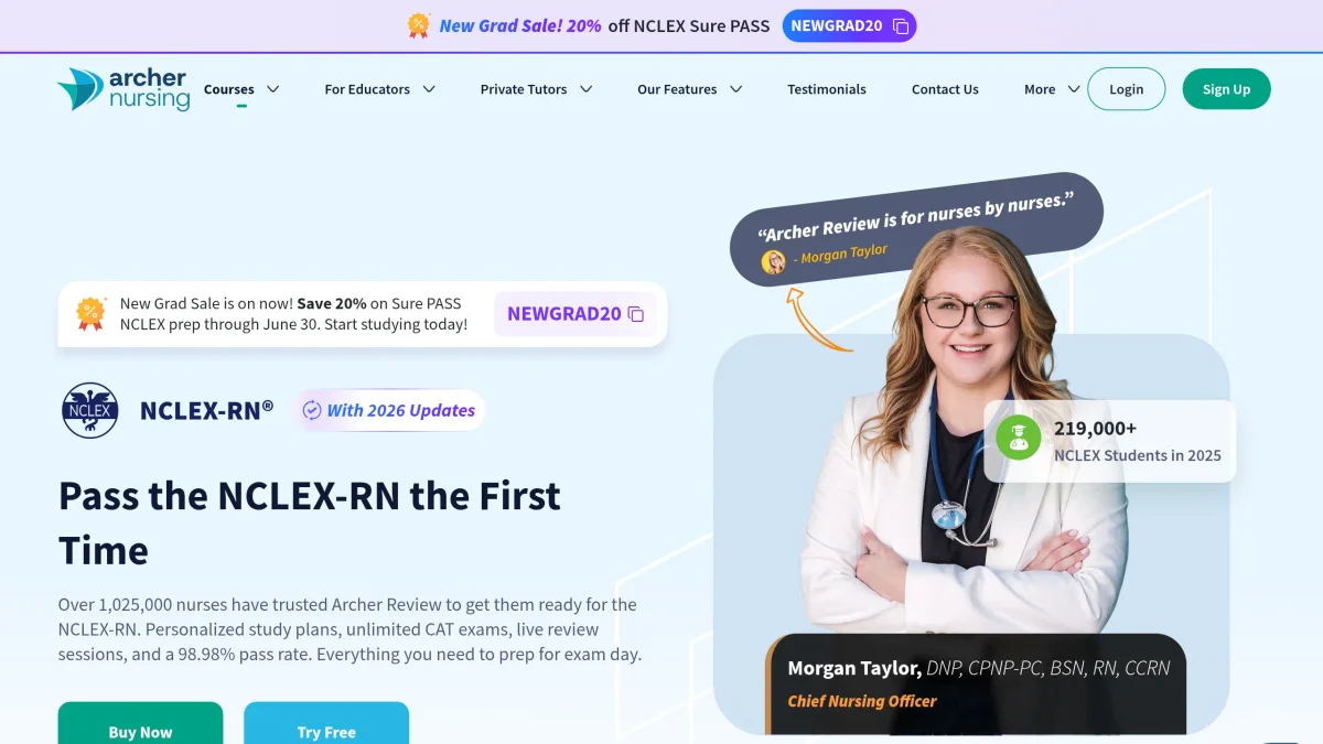 Archer Review NCLEX-RN landing page showing the question bank, unlimited CAT exams, and Sure PASS plans
