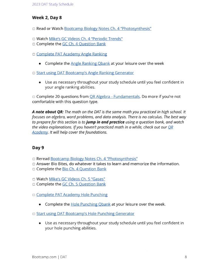 DAT Bootcamp Study Schedule