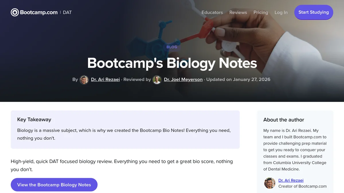 The Bootcamp.com page titled Bootcamp's Biology Notes, showing the author and reviewer credits, an updated date of January 27 2026, and a button reading View the Bootcamp Biology Notes