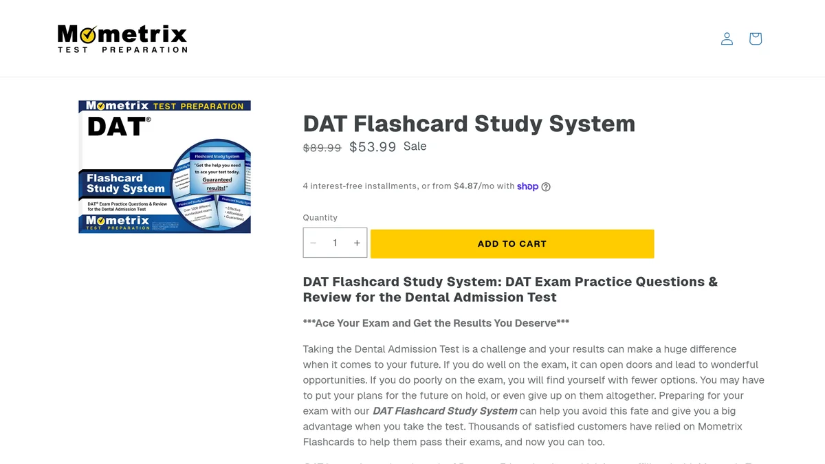The Mometrix store listing for the DAT Flashcard Study System, showing the boxed deck, a struck-through 89.99 dollar list price beside the 53.99 dollar sale price, and an add to cart button