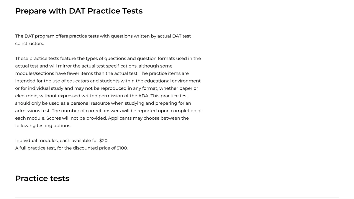 The ADA Prepare with DAT Practice Tests section, showing that the number of correct answers is reported and scores are not provided, with modules at $20 each and a full practice test at $100