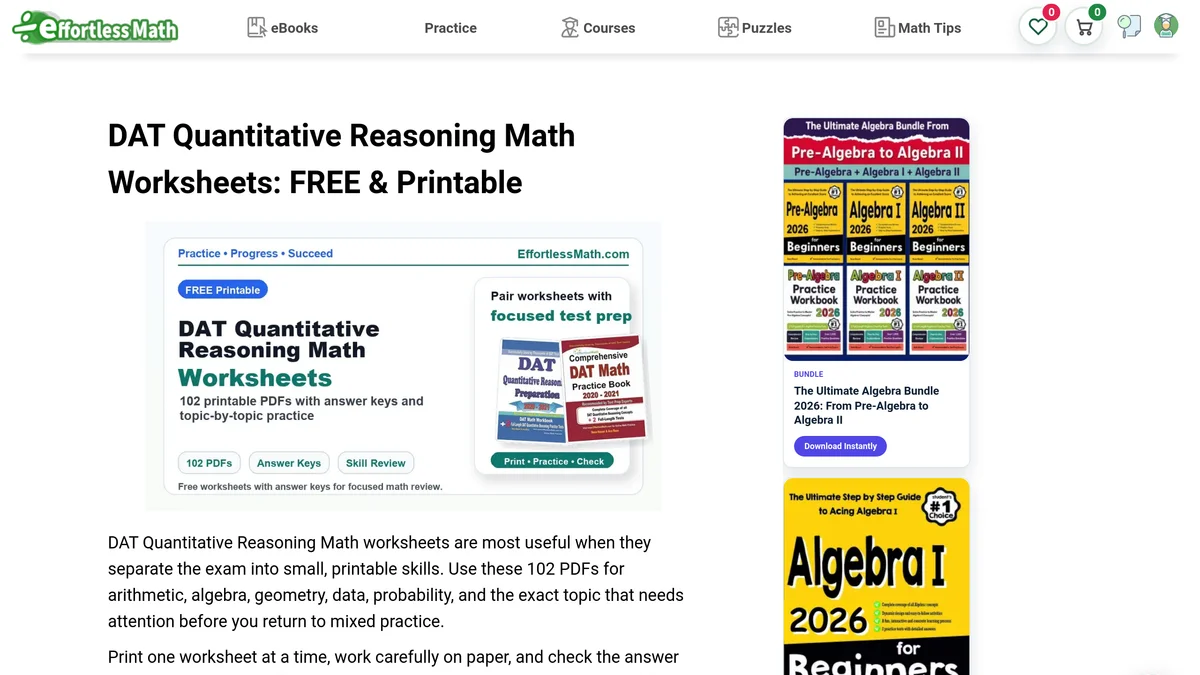 The Effortless Math DAT Quantitative Reasoning worksheet page, headed FREE and Printable, with a cover graphic stating 102 printable PDFs with answer keys and topic-by-topic practice
