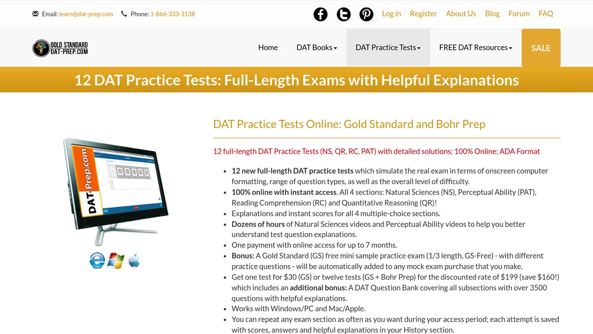 The Gold Standard DAT practice tests page listing package prices from 30 dollars for one test to 199 dollars for twelve, with a bullet stating the 199 dollar package includes a bonus DAT question bank of over 3500 questions