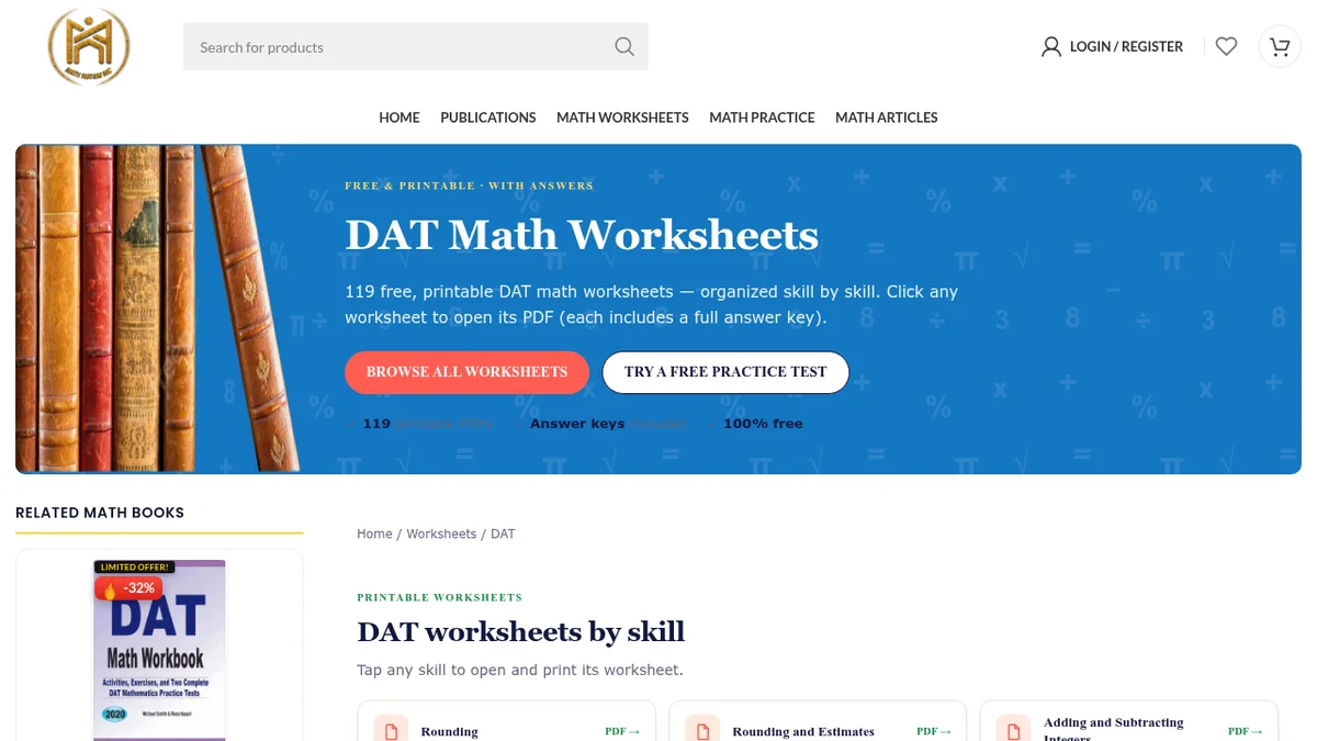 The Math Notion DAT Math Worksheets page, a blue hero headed DAT Math Worksheets stating 119 free printable PDFs with answer keys and 100 percent free, above a grid of worksheet links by skill