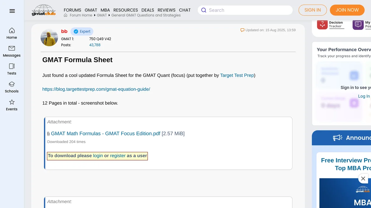The GMAT Club forum post titled GMAT Formula Sheet by the member bb, reading Just found a cool updated Formula Sheet for the GMAT Quant focus put together by Target Test Prep, above a link to the Target Test Prep equation guide, the line 12 Pages in total, and an attachment box for GMAT Math Formulas GMAT Focus Edition dot pdf at 2.57 MiB marked Downloaded 204 times with a highlighted notice reading To download please login or register as a user