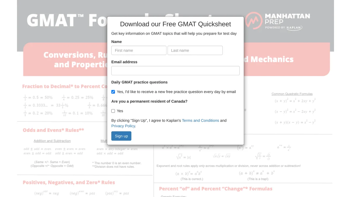 The Kaplan GMAT Quicksheet download page, showing a white signup box headed Download our Free GMAT Quicksheet asking for first name, last name and email address, with a ticked box reading Yes I'd like to receive a new free practice question every day by email, over a background of the GMAT Formula Sheet itself showing fraction to decimal to percent conversions, odds and evens rules, positives negatives and zero rules, common quadratic formulas and percent change formulas