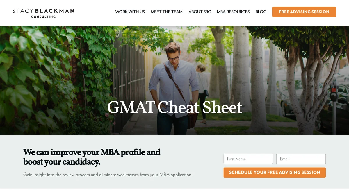 The Stacy Blackman Consulting store page for the GMAT Cheat Sheet, headed GMAT Cheat Sheet over a stock photo of a student walking, with an MBA advising sign-up form below it and the byline by Anthony Ritz of Stacy Blackman Consulting above a thumbnail of the sheet