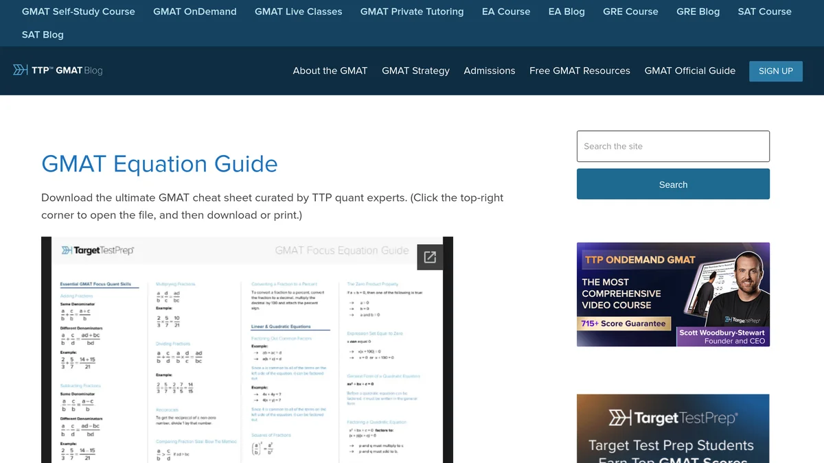 The Target Test Prep GMAT Equation Guide page on the TTP GMAT blog, showing the heading GMAT Equation Guide, the instruction to click the top-right corner to open the file and then download or print, and an embedded document viewer displaying page one of the GMAT Focus Equation Guide with sections for Essential GMAT Focus Quant Skills, adding and multiplying fractions, and linear and quadratic equations