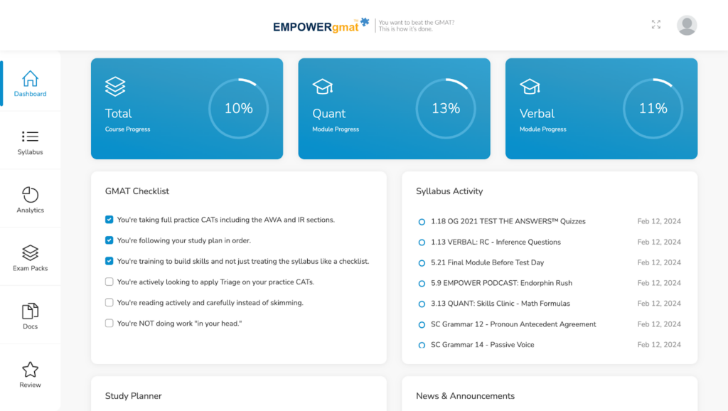 Empower GMAT Dashboard
