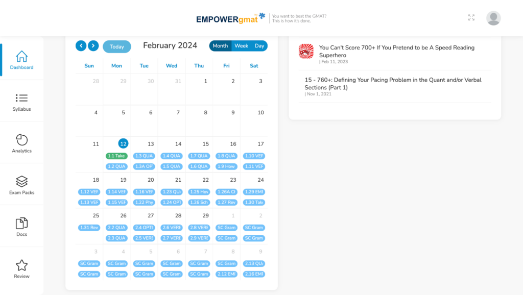 Empower GMAT Upcoming Tasks