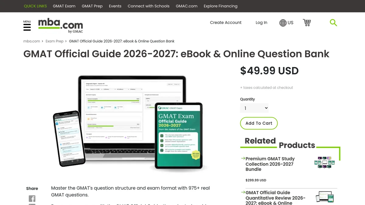 The mba.com product page for the GMAT Official Guide 2026-2027 eBook and Online Question Bank, priced 49.99 dollars, showing the question bank on a laptop and phone beside the green 2026-2027 guide cover whose bullet list promises digital flashcards, practice games and a customizable question bank