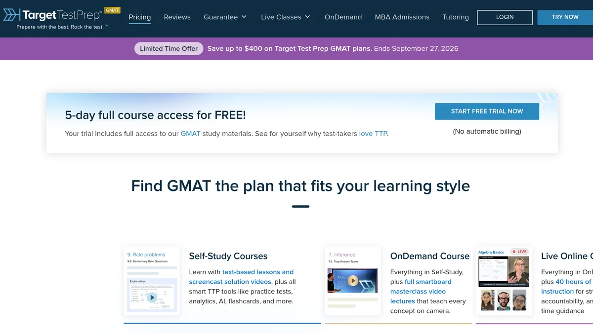 The Target Test Prep GMAT plans page showing a purple banner reading Save up to 400 dollars on Target Test Prep GMAT plans, ends September 27 2026, a 5-day full course access for free box, and three course families where the Self-Study card lists practice tests, analytics, AI and flashcards