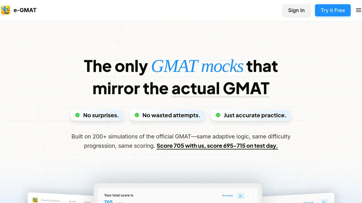 The e-GMAT SIGma-X product page headed The only GMAT mocks that mirror the actual GMAT, above a mock score report showing a total of 705 at the 98th percentile on the 205 to 805 scale