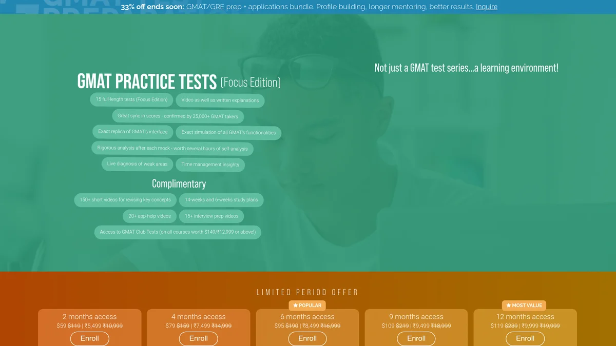 The Experts' Global GMAT practice tests page showing 15 full-length Focus Edition tests with an exact replica of the GMAT interface, above a five-tier pricing row running from 2 months at $59 to 12 months at $119