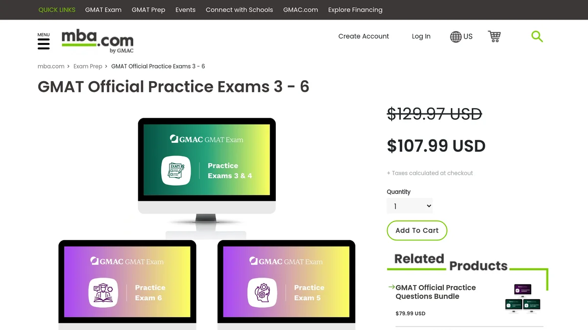 The GMAT Official Practice Exams 3 to 6 product page at mba.com showing the bundle at $107.99 USD, struck through from a list price of $129.97 USD, beside artwork for Practice Exams 3 and 4, Exam 5 and Exam 6