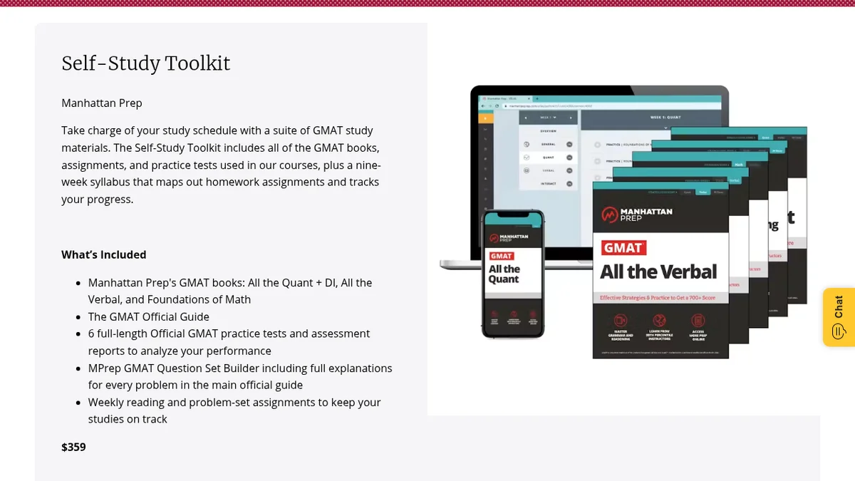 The Manhattan Prep Self-Study Toolkit product card at kaptest.com, listing the three strategy books, the GMAT Official Guide, 6 full-length official practice tests, the MPrep Question Set Builder and weekly assignments, above a price of 359 dollars
