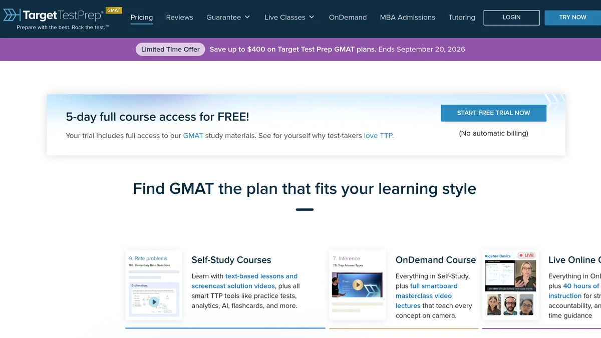 The Target Test Prep GMAT plans page showing a purple limited time offer banner, a 5-day full course access for free panel with no automatic billing, and the Self-Study, OnDemand and Live Online plan cards