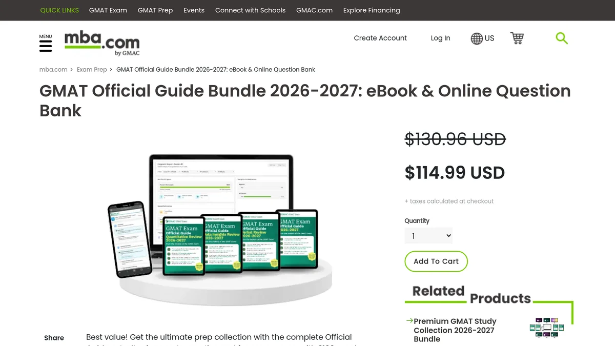 The mba.com product page for the GMAT Official Guide Bundle 2026-2027 eBook and Online Question Bank, showing a struck-through price of 130.96 dollars above a sale price of 114.99 dollars, the four guide covers on a tablet and laptop, and a description promising 2100+ real GMAT questions