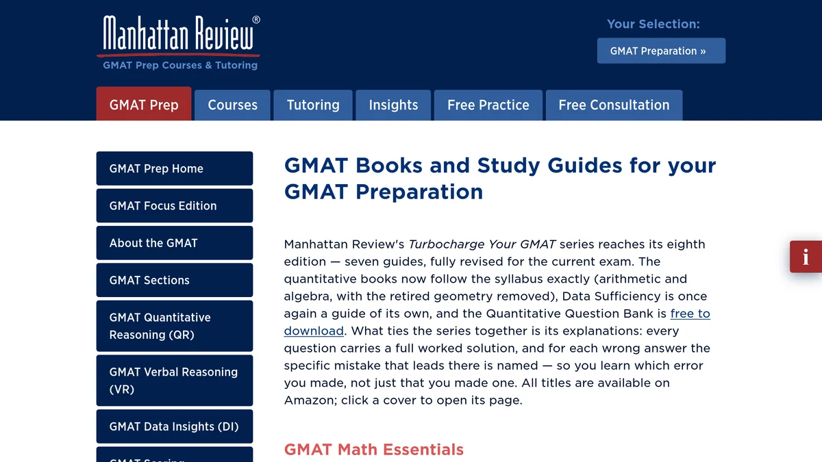 The Manhattan Review GMAT books hub at manhattanreview.com, showing the Turbocharge Your GMAT series described as reaching its eighth edition with seven guides, the retired geometry removed from the quantitative books, and the GMAT Math Essentials entry below it