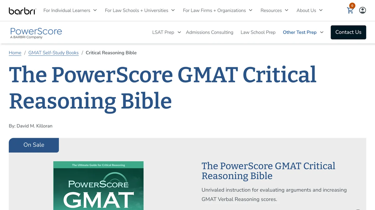 The PowerScore GMAT Critical Reasoning Bible product page at powerscore.com, showing the PowerScore A BARBRI Company logo, the book cover, author David M. Killoran, an On Sale flag, and the price of $27.99 marked down from an MSRP of $34.99