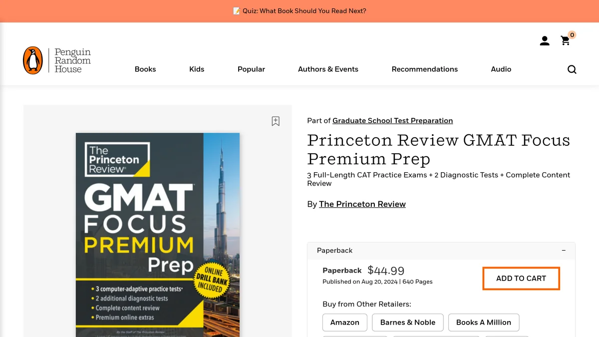 The Princeton Review GMAT Focus Premium Prep listing at penguinrandomhouse.com, showing the book cover advertising 3 computer-adaptive practice tests and 2 additional diagnostic tests, a paperback price of $44.99, and a publication date of 20 August 2024 with 640 pages