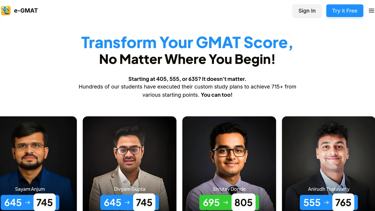 The e-GMAT course page headed Transform Your GMAT Score, No Matter Where You Begin, above four student cards showing score jumps from 645 to 745, 695 to 805 and 555 to 765