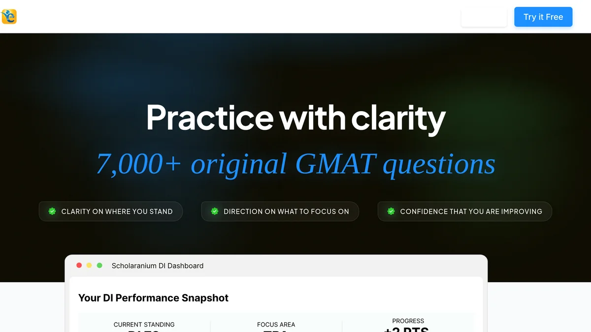 The e-GMAT practice page for Scholaranium, headed Practice with clarity and 7,000 plus original GMAT questions, above a Scholaranium Data Insights dashboard showing a current standing of DI 79 and a two point gain on the week