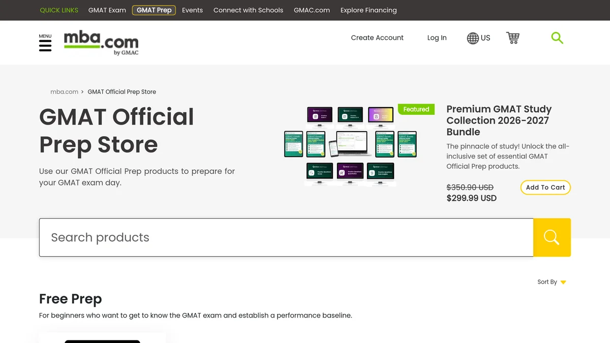 The GMAT Official Prep Store at mba.com, showing the Premium GMAT Study Collection 2026-2027 Bundle at 299.99 dollars struck from 350.90 dollars, the Official Guide product tiles, and the start of the Free Prep section with the Official Starter Kit