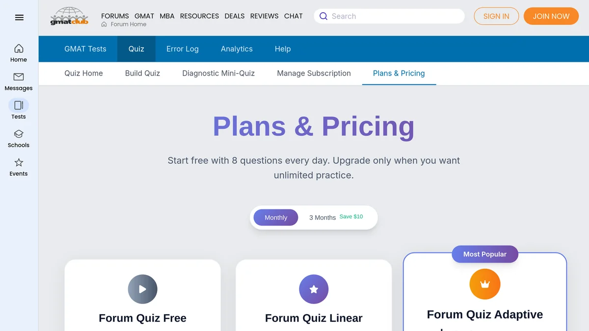 The GMAT Club Plans and Pricing page for the Forum Quiz, showing the Forum Quiz Free tier at no cost, Forum Quiz Linear at 19.99 dollars a month and Forum Quiz Adaptive at 29.99 dollars a month marked Most Popular, above a monthly and 3 months toggle labelled Save 10 dollars