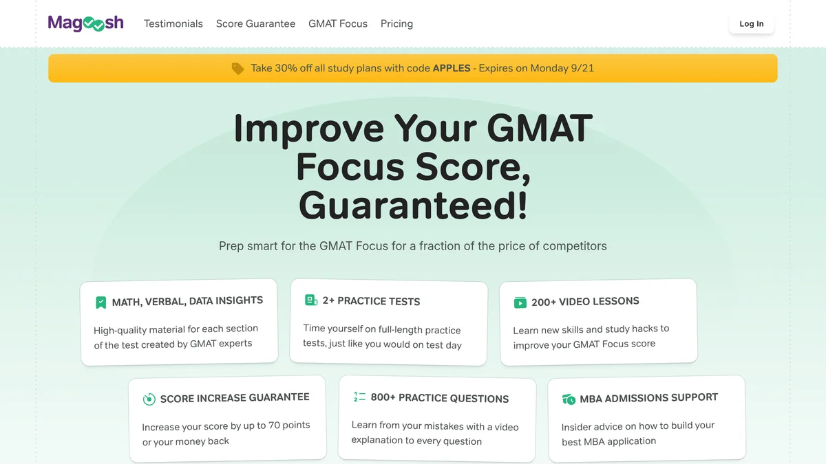 The Magoosh GMAT pricing page headed Improve Your GMAT Focus Score Guaranteed, with feature cards reading 2 plus practice tests, 200 plus video lessons, 800 plus practice questions and a score increase guarantee of up to 70 points