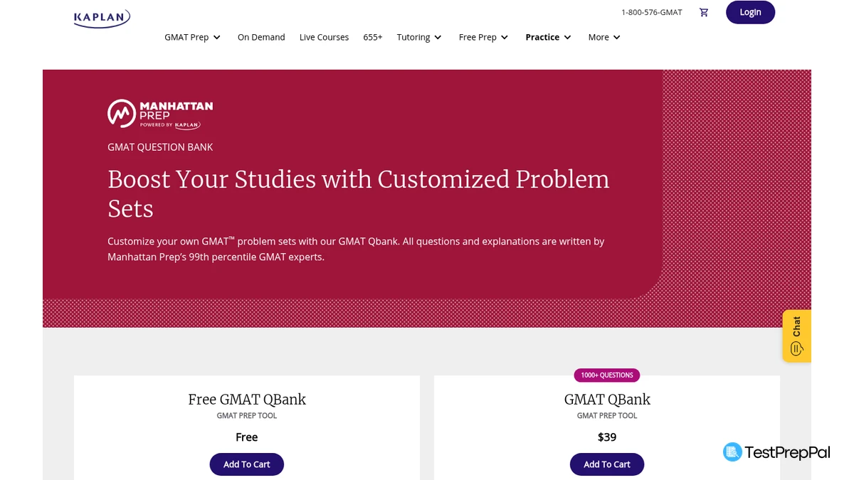 The Manhattan Prep powered by Kaplan GMAT Question Bank page headed Boost Your Studies with Customized Problem Sets, showing two cards side by side: Free GMAT QBank at Free, and GMAT QBank at $39 with a badge reading 1000 plus questions