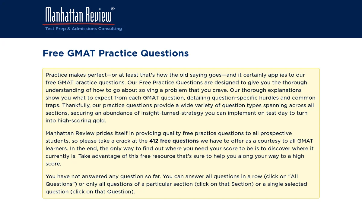 The Manhattan Review free GMAT practice questions page, headlined Free GMAT Practice Questions above an introduction offering 412 free questions in bold, with the All Questions practice control below it