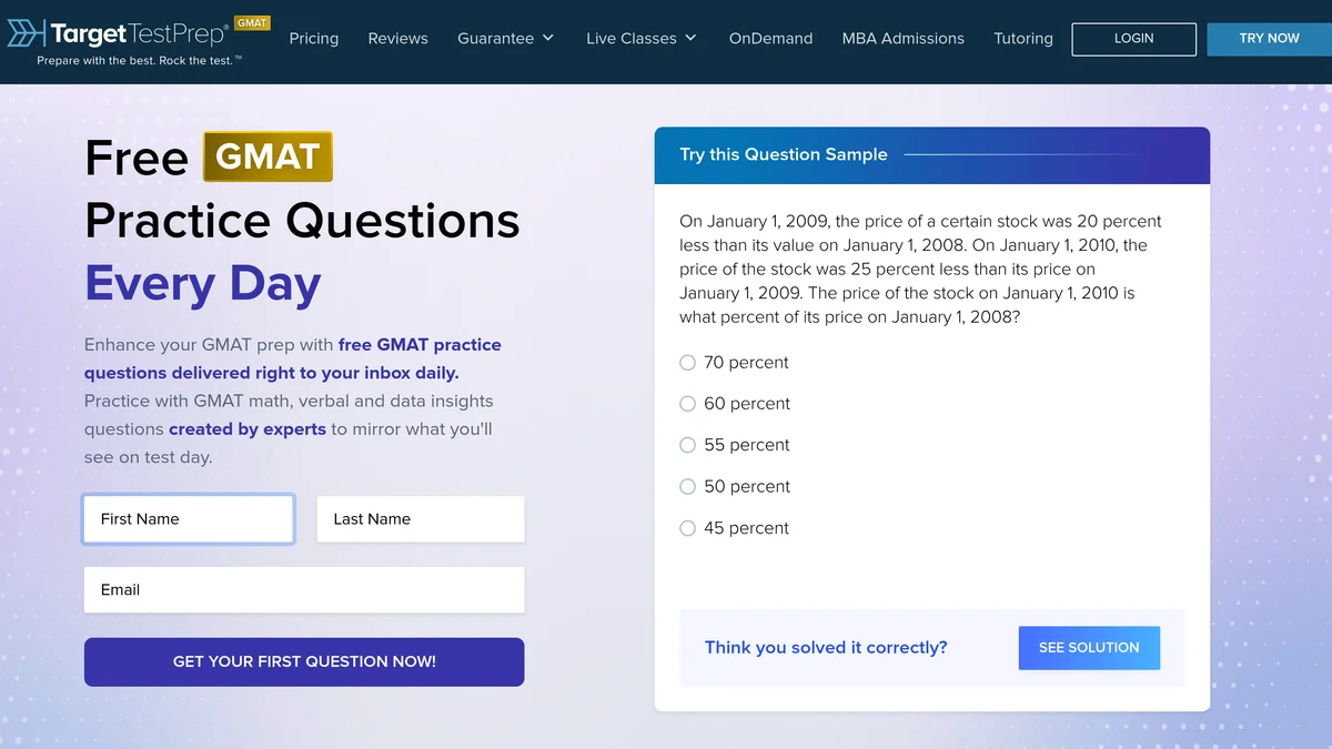 The Target Test Prep free GMAT question of the day page, headed Free GMAT Practice Questions Every Day, with a sample stock percentage word problem and five answer choices beside a See solution button
