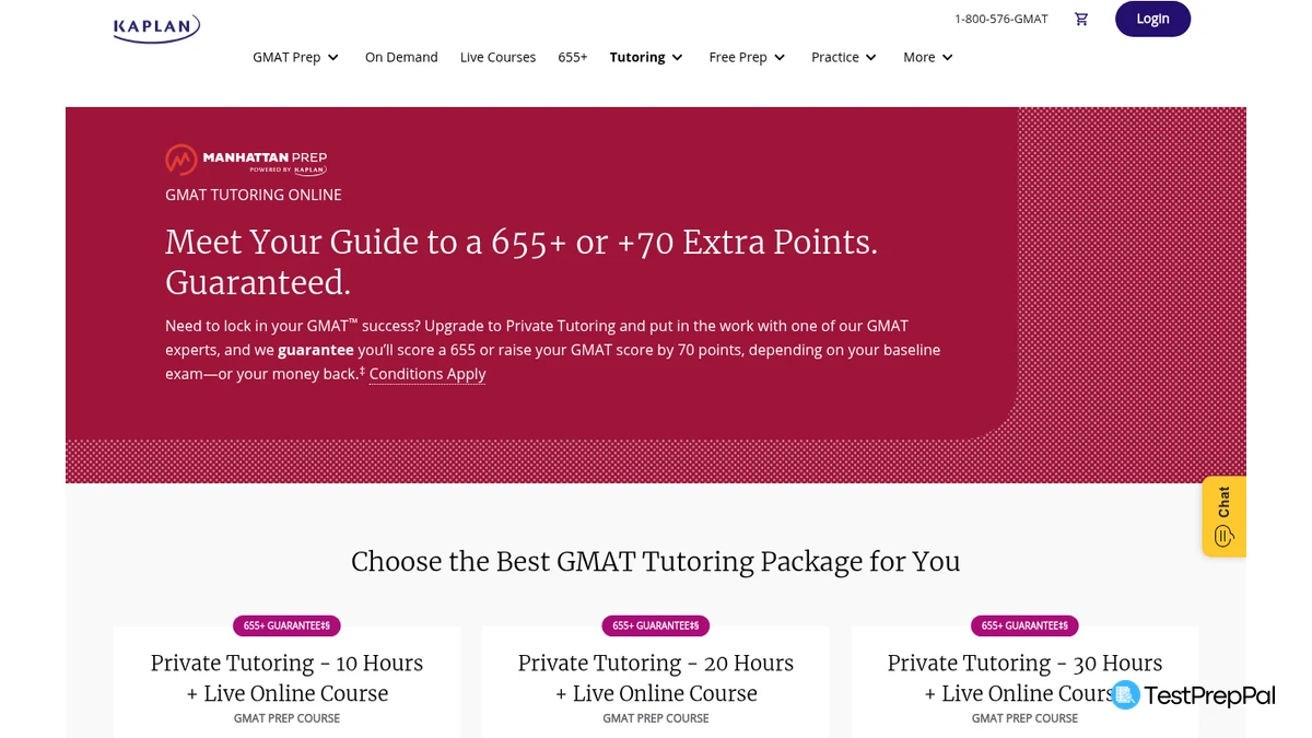 The Manhattan Prep powered by Kaplan GMAT tutoring page, headlined Meet Your Guide to a 655+ or +70 Extra Points Guaranteed, above three package cards reading Private Tutoring 10 Hours, 20 Hours and 30 Hours, each with a 655+ guarantee badge