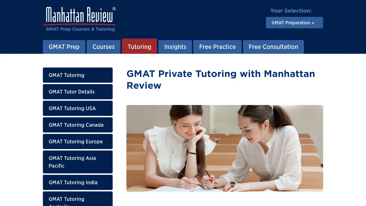 The Manhattan Review GMAT private tutor page, headlined GMAT Private Tutoring with Manhattan Review above a photo of two students working together, with the Tutoring tab active in the site navigation and no pricing anywhere on the page