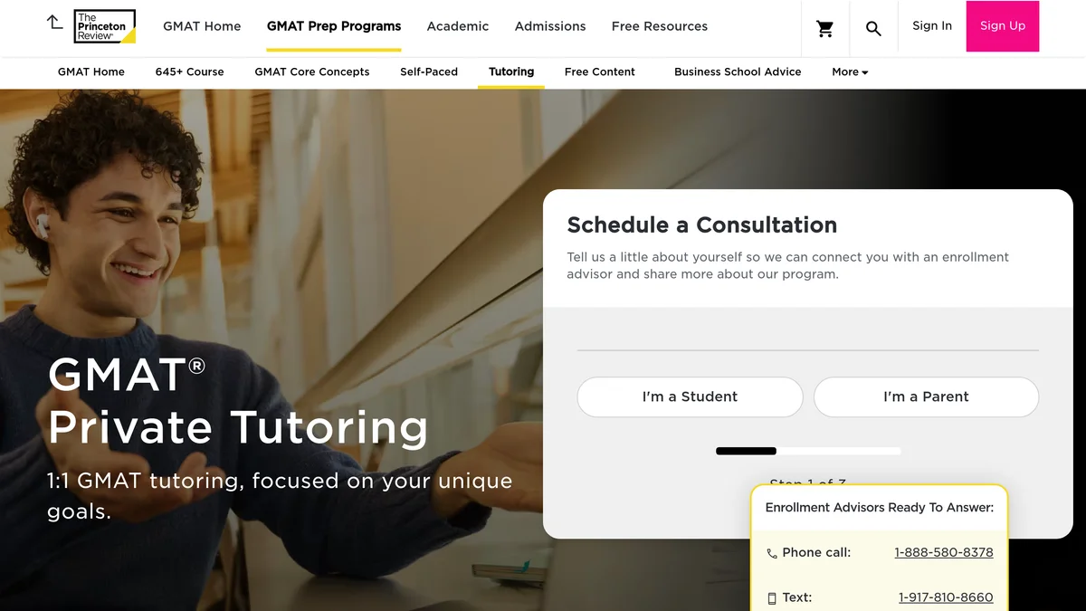 The Princeton Review GMAT Private Tutoring page, headlined GMAT Private Tutoring with the line 1:1 GMAT tutoring focused on your unique goals, beside a Schedule a Consultation form and an enrollment advisor phone panel