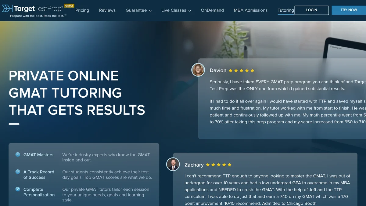 The Target Test Prep private online GMAT tutoring page, headlined Private Online GMAT Tutoring That Gets Results, with three claims about GMAT masters, a track record of success and complete personalization beside two five-star student testimonials reporting scores of 710 and 740