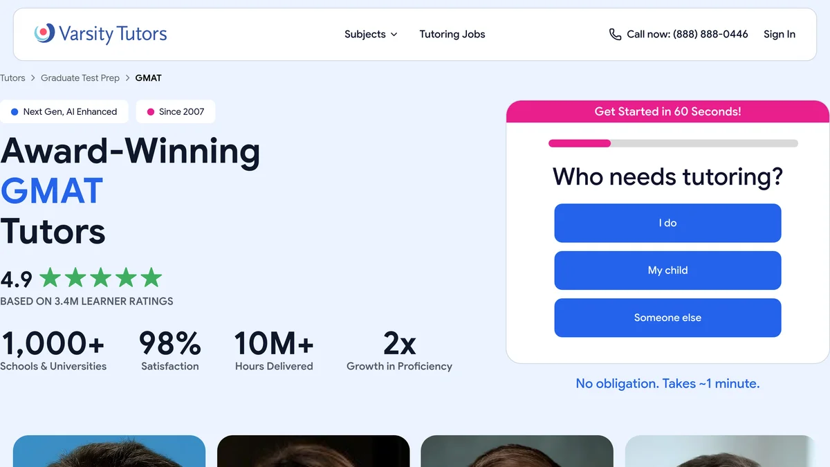 The Varsity Tutors GMAT tutors page, headed Award-Winning GMAT Tutors, showing a 4.9 rating from 3.4M learner ratings and a Get Started in 60 Seconds form asking who needs tutoring, with no price anywhere on the screen