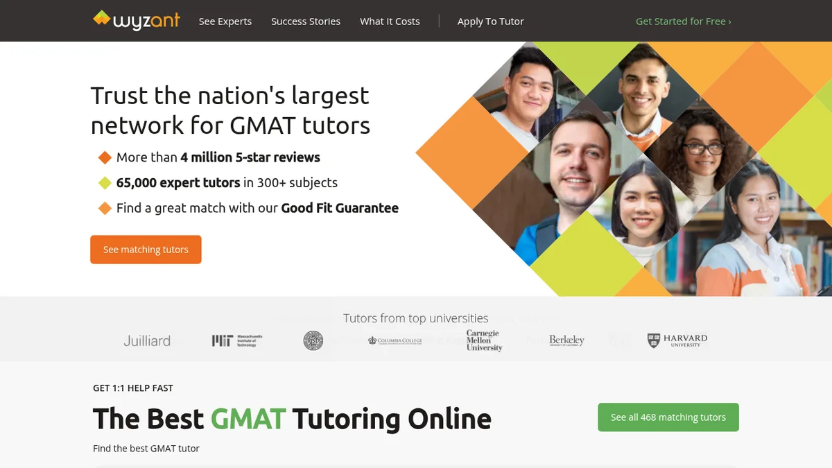 The Wyzant GMAT tutors page, headlined Trust the nation's largest network for GMAT tutors above a See all 468 matching tutors button, with the first tutor card showing a 5.0 rating from 77 reviews at 160 dollars an hour