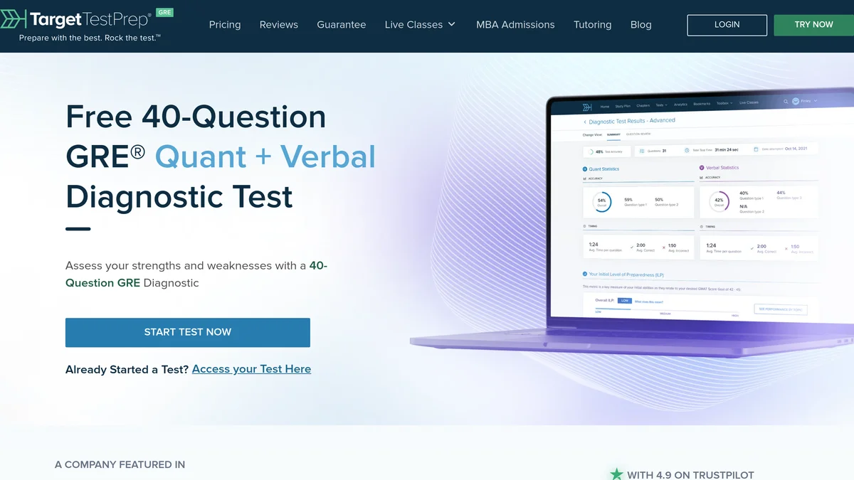 The Target Test Prep GRE page headed Free 40-Question GRE Quant plus Verbal Diagnostic Test, with a Start Test Now button and a sample diagnostic results dashboard on a laptop
