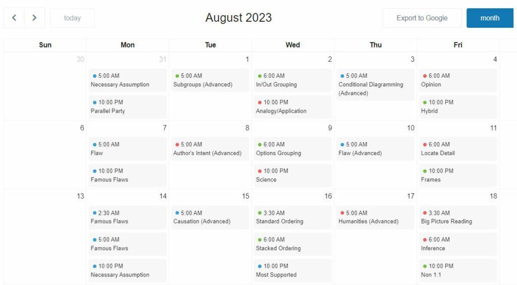 LSAT Lab Live Class Schedule
