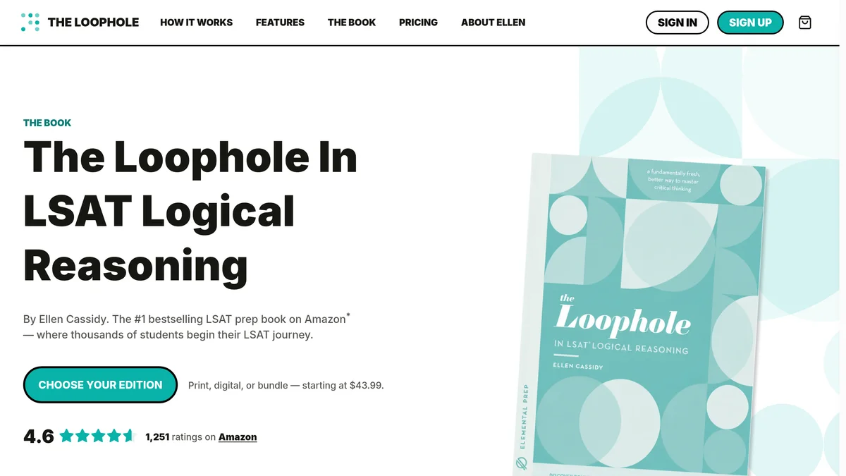 The Loophole in LSAT Logical Reasoning product page on theloophole.com, showing the book cover, a starting price of $43.99 for print, digital or bundle, and a 4.6 rating from 1,251 Amazon ratings